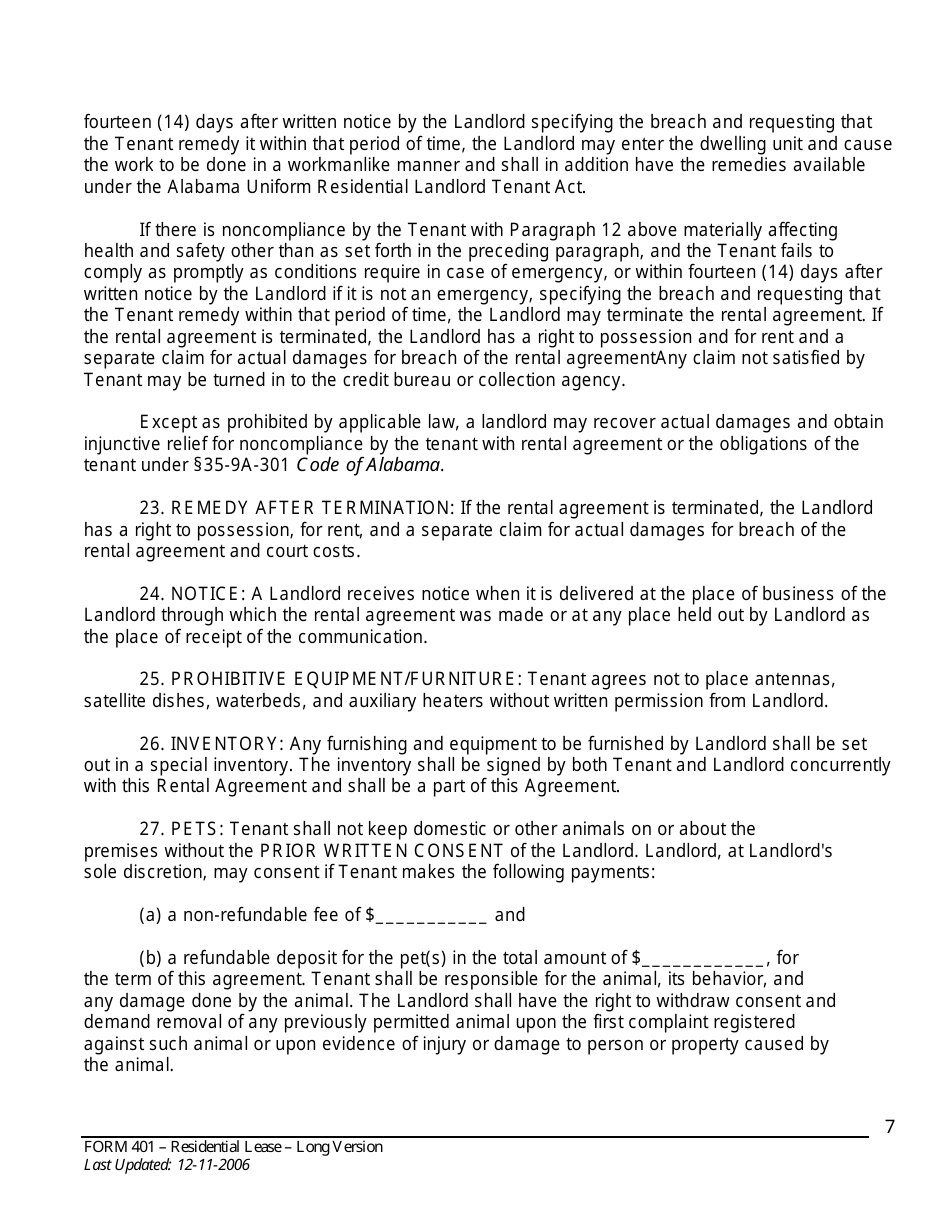 Form 401 Residential Lease Agreement - Alabama Association of Realtors - Alabama, Page 7