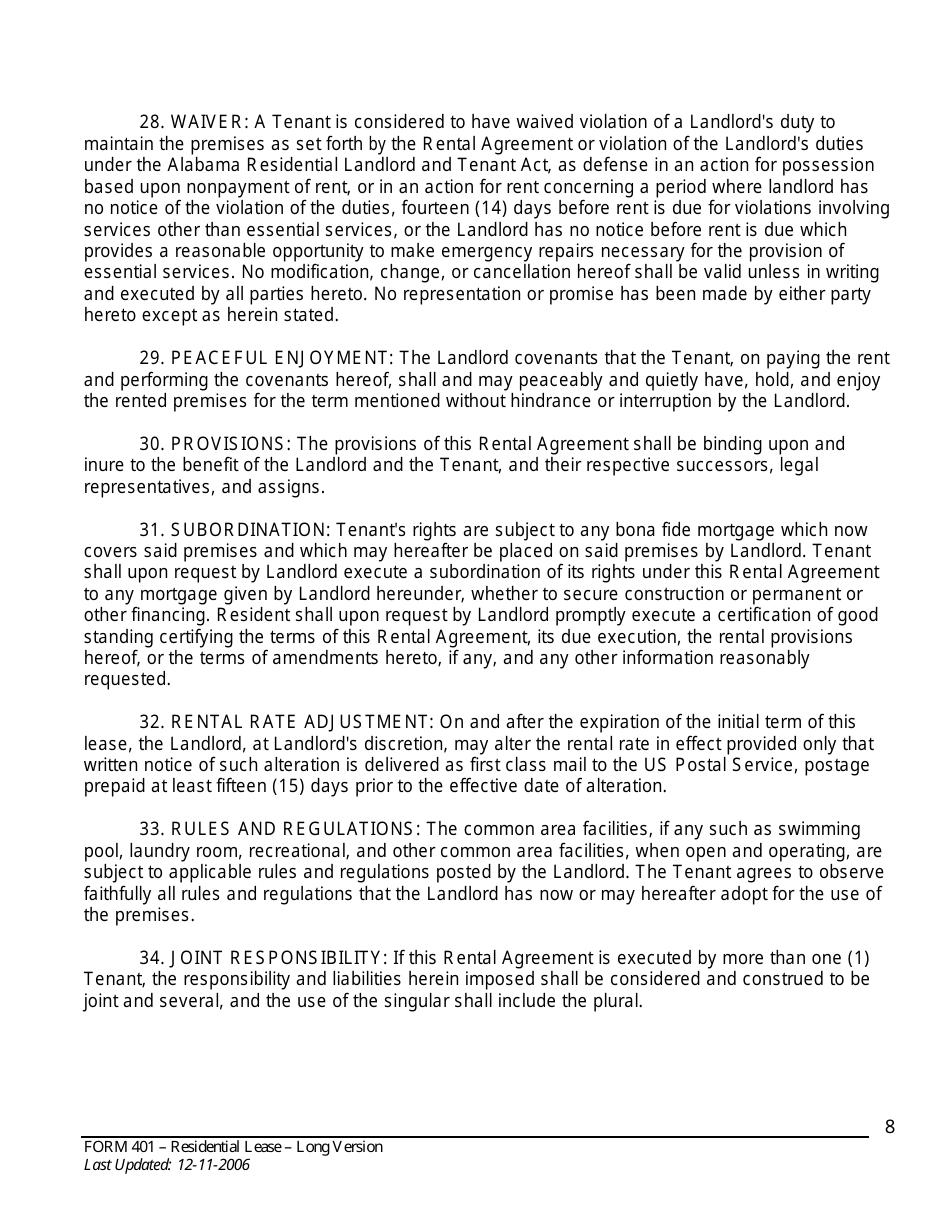 Form 401 Residential Lease Agreement - Alabama Association of Realtors - Alabama, Page 8
