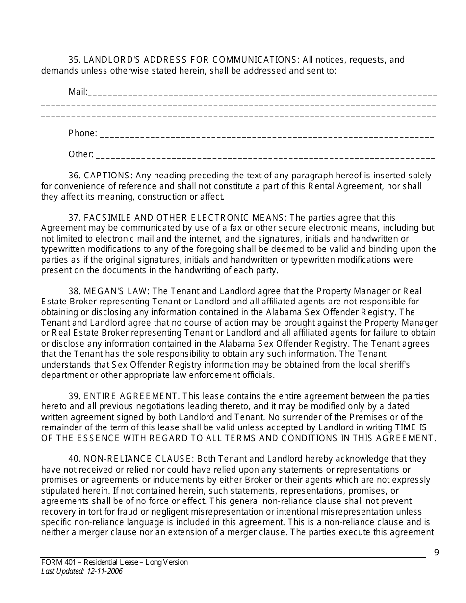 Form 401 Residential Lease Agreement - Alabama Association of Realtors - Alabama, Page 9