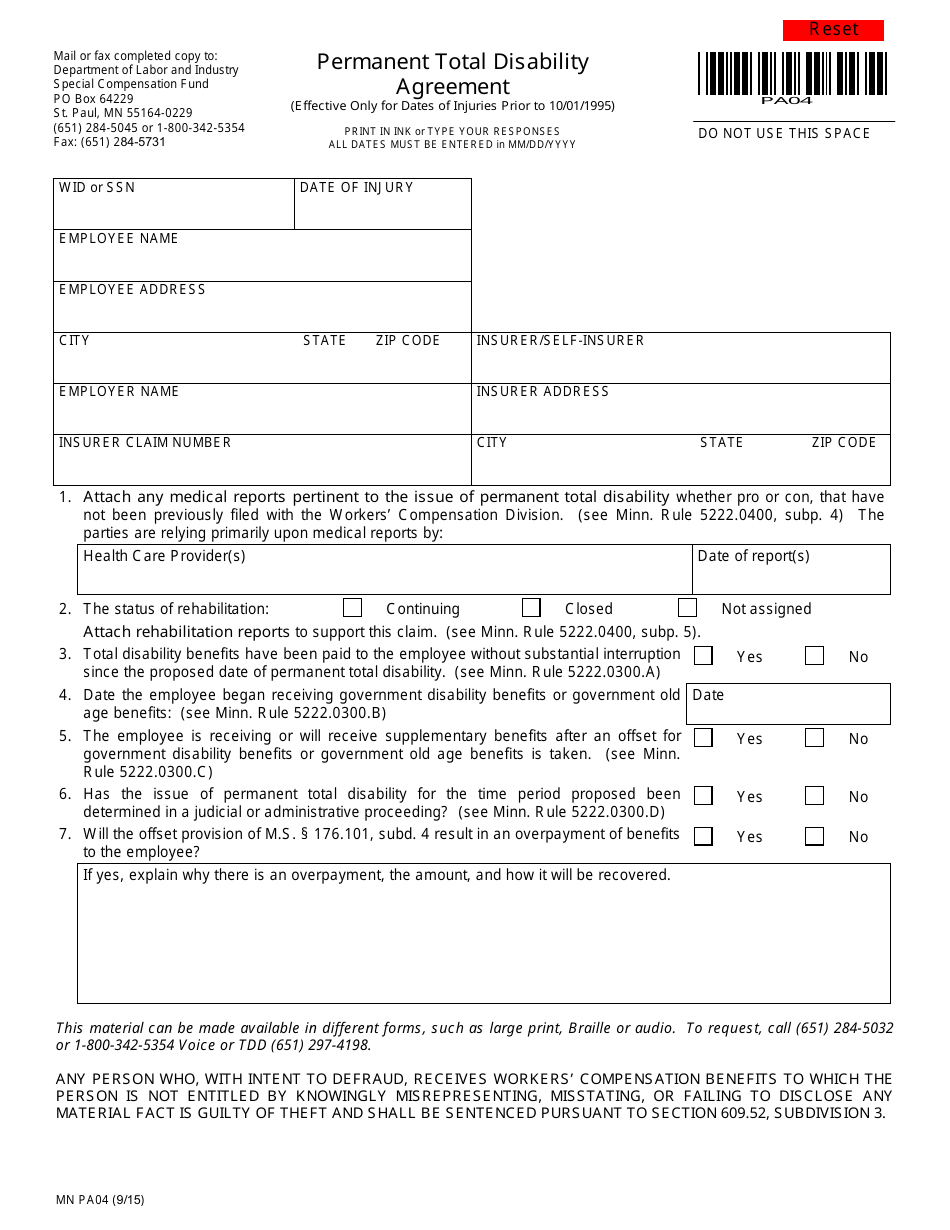 Form MN PA04 Permanent Total Disability Agreement - Minnesota, Page 1