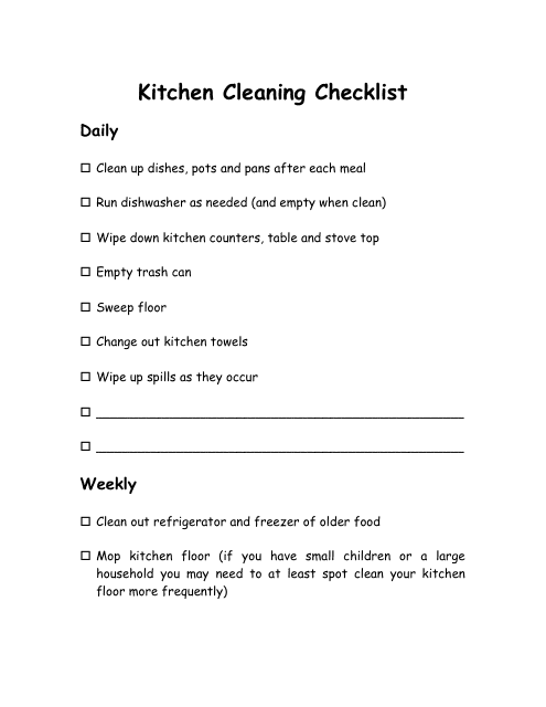 Kitchen Cleaning Checklist Template - Black Download Pdf