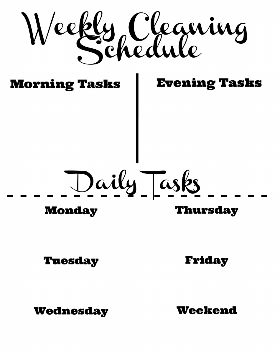 Weekly cleaning schedule template with tasks organized by day of the week