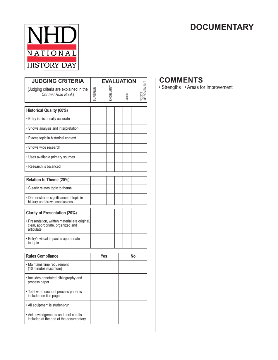 Documentary Evaluation Form National History Day Fill Out, Sign
