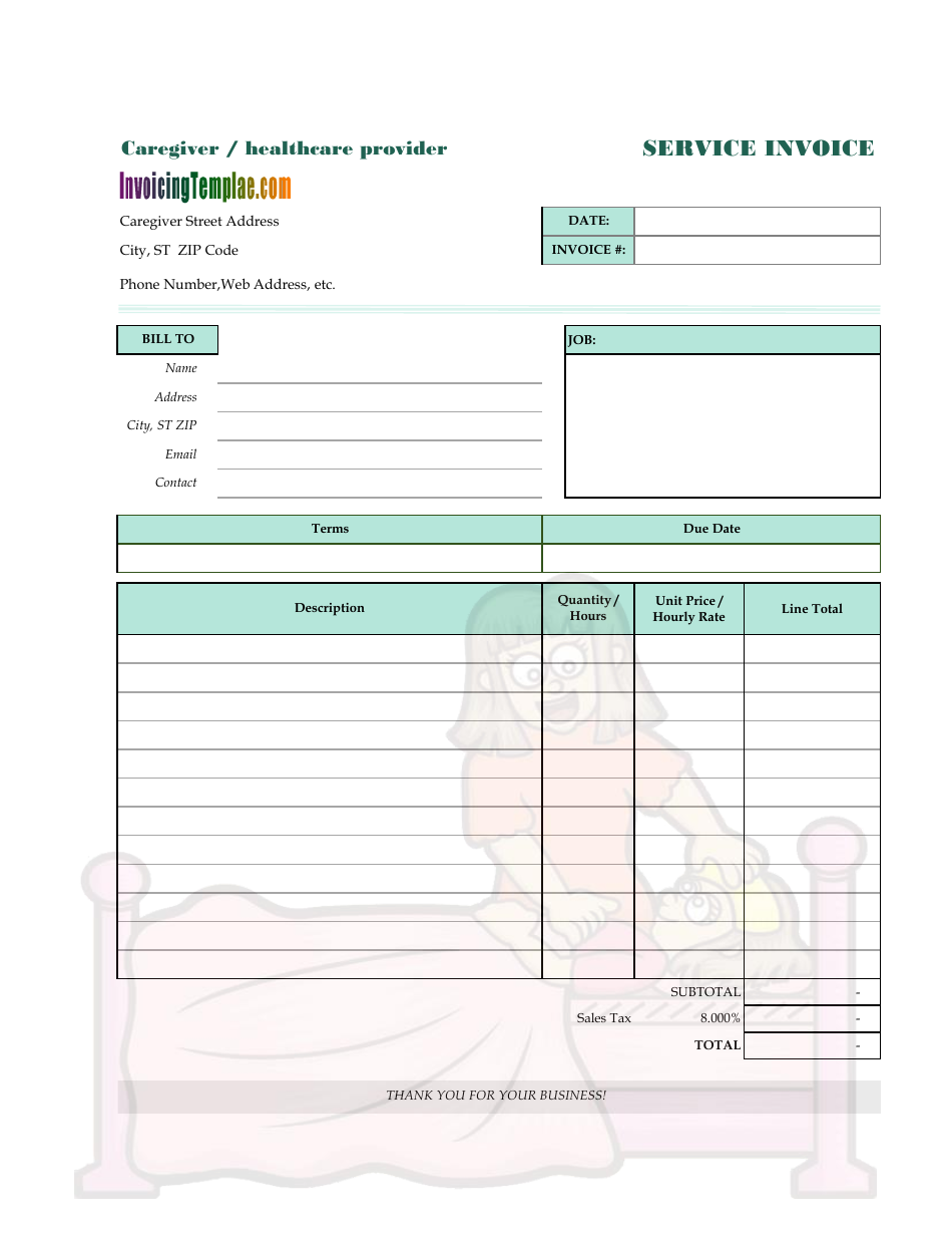 Caregiver Invoice Print and Write and Fillable PDF Digital Downloads US Letter Sizes