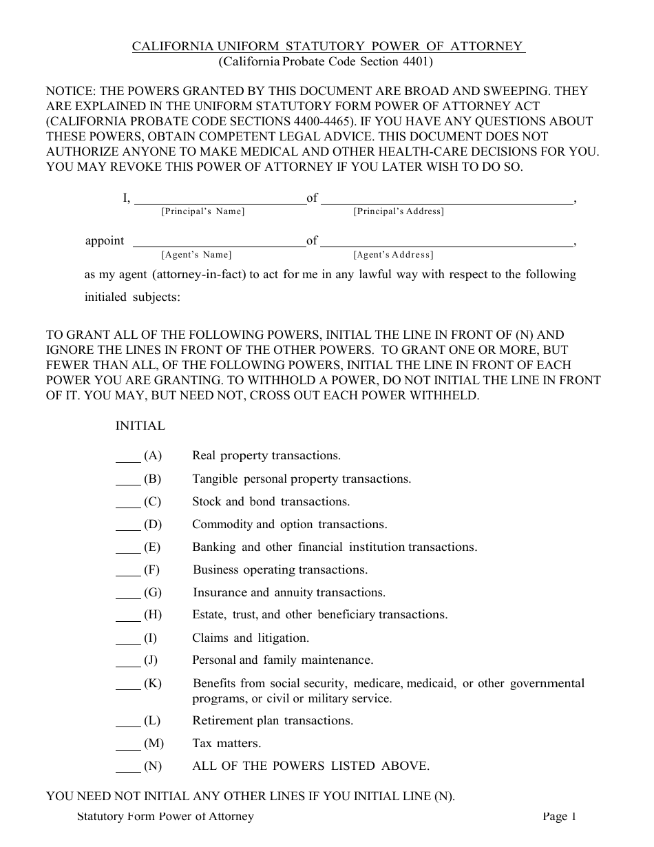 California Statutory Power Of Attorney Fillable Form Printable Forms Free Online 9619