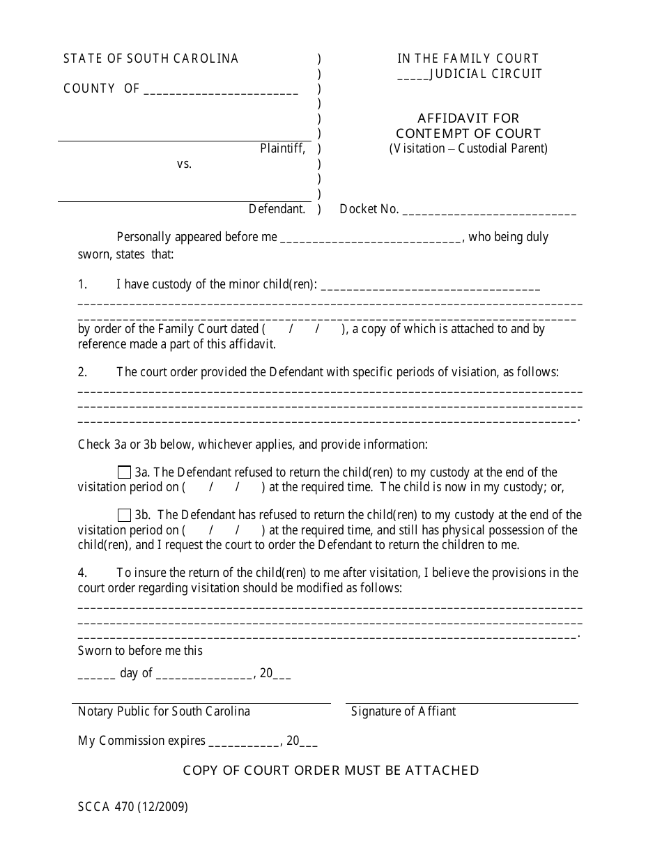 Form SCCA470 Affidavit for Contempt of Court (Visitation - Custodial Parent) - South Carolina, Page 1