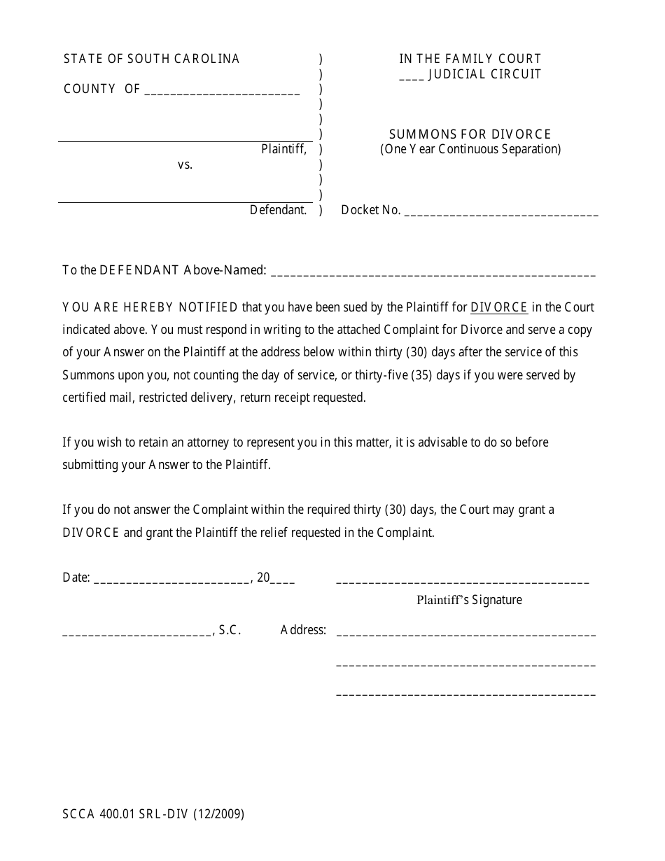 Form SCCA400.01 SRLDIV Fill Out, Sign Online and Download Printable