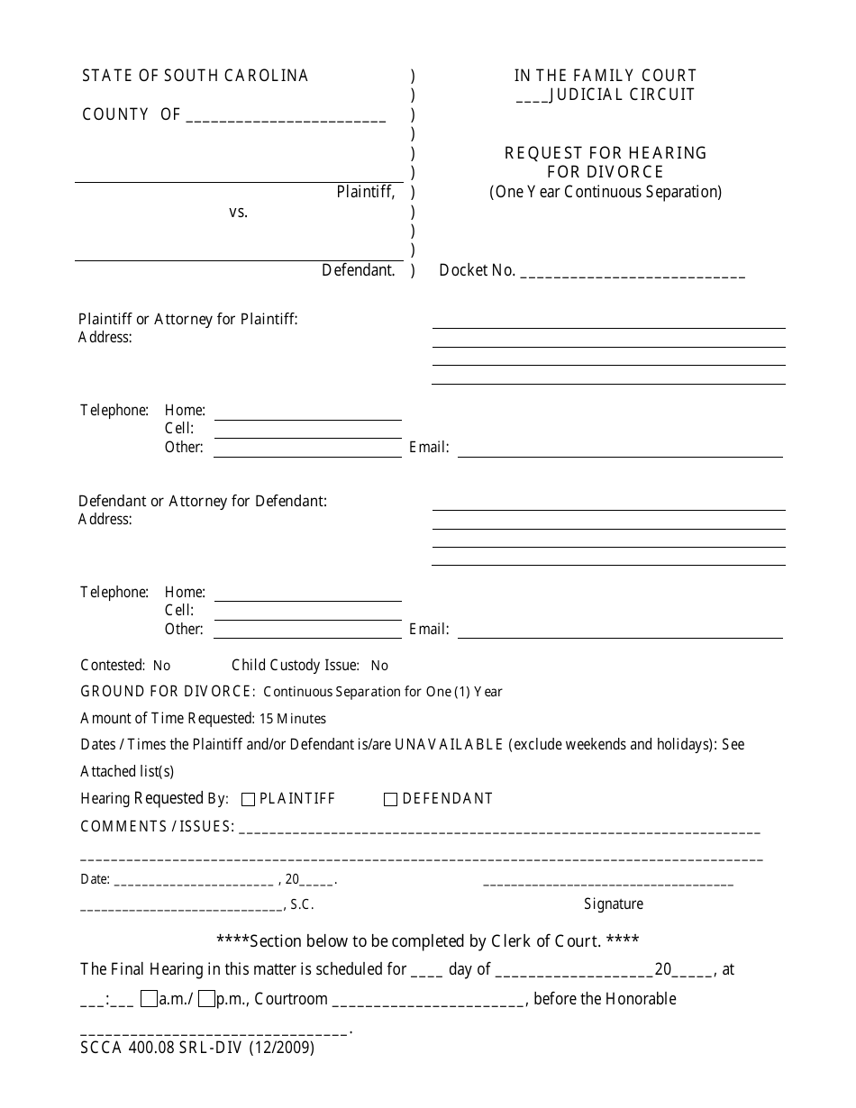 Form SCCA400.08 SRL-DIV Request for Hearing for Divorce (One Year Continuous Separation) - South Carolina, Page 1