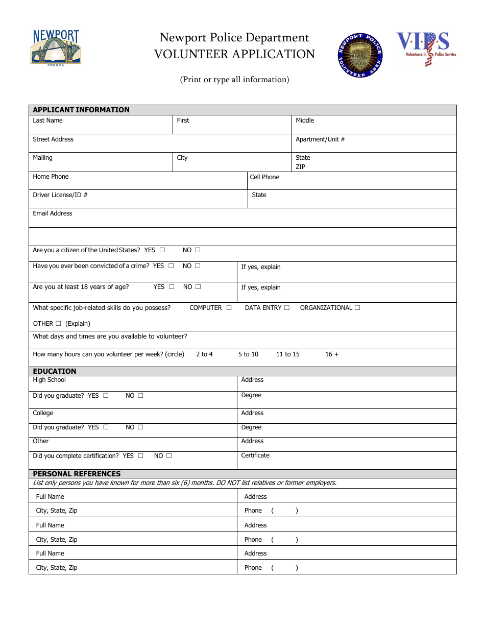 Volunteer Application Form - City of Newport, Oregon, Page 1