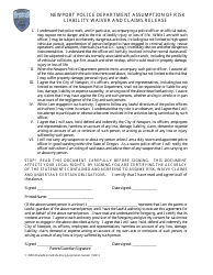 Document preview: Assumption of Risk Liability Waiver and Claims Release - City of Newport, Rhode Island