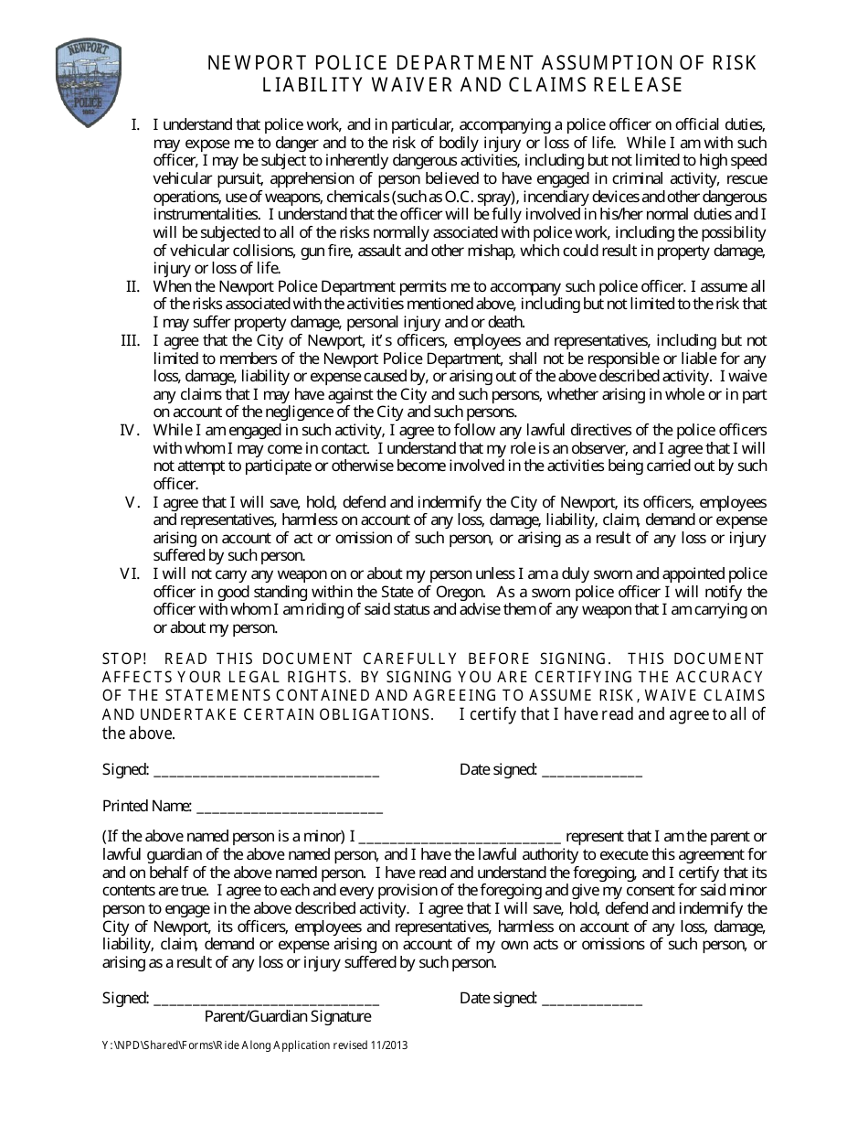 Assumption of Risk Liability Waiver and Claims Release - City of Newport, Rhode Island, Page 1