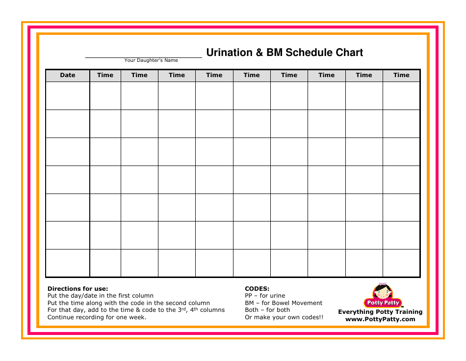 Urination and BM Schedule Chart Template for Girls