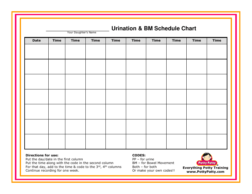 Urination and BM Schedule Chart Template for Girls