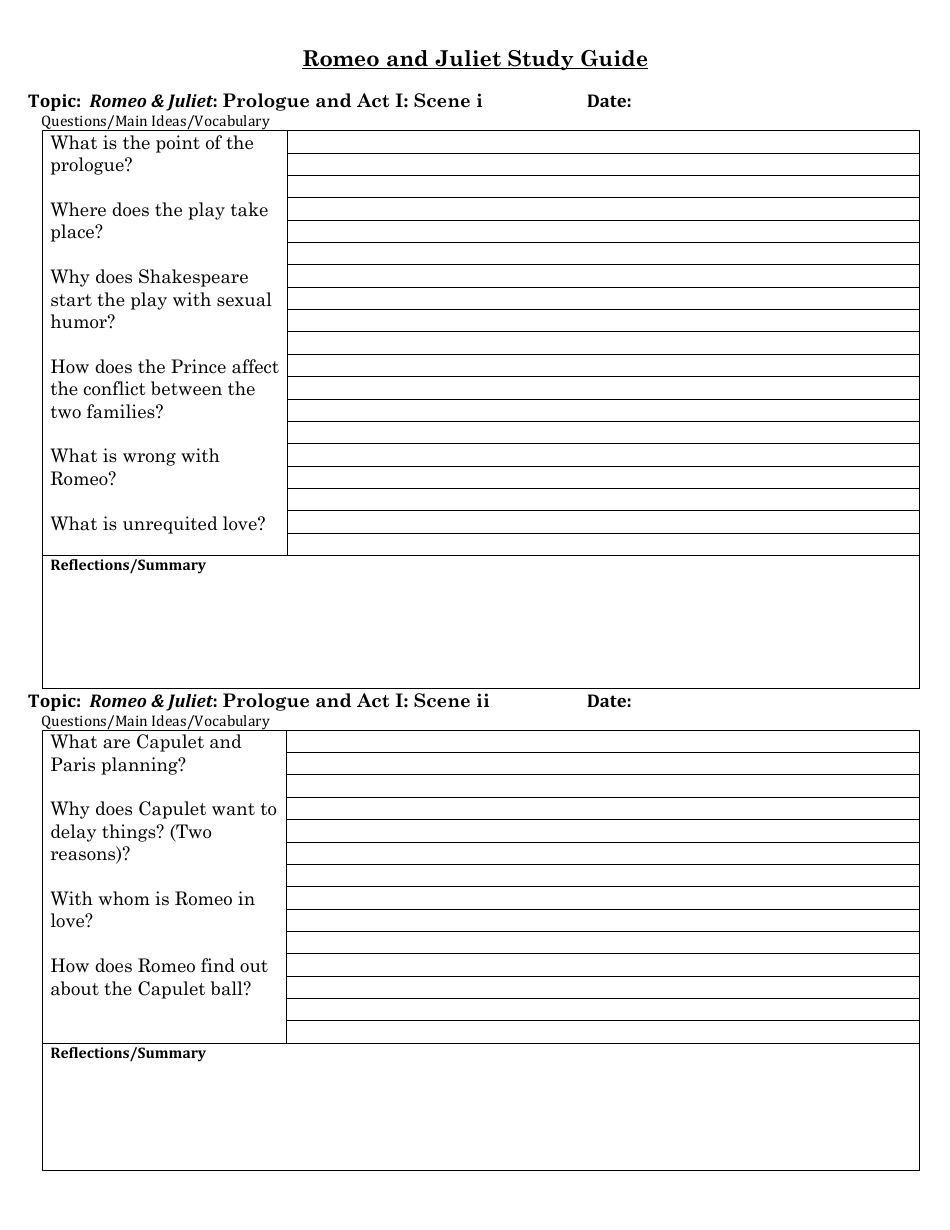Romeo and Juliet Study Guide Worksheet, Page 1