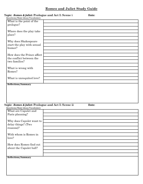 Romeo and Juliet Study Guide Worksheet Download Printable PDF