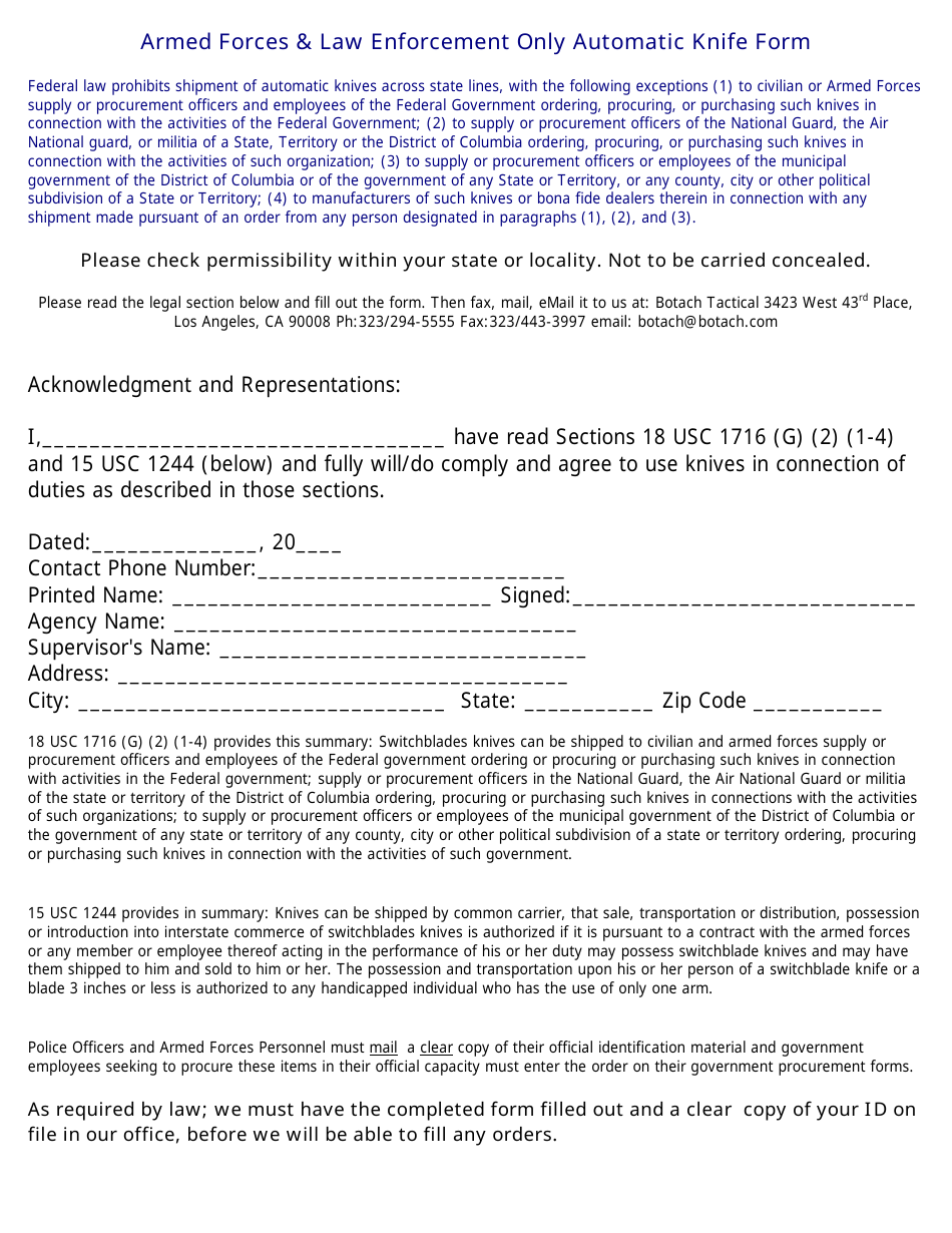 Armed Forces  Law Enforcement Only Automatic Knife Form, Page 1