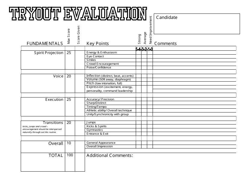 Tryout Evaluation Form Download Pdf