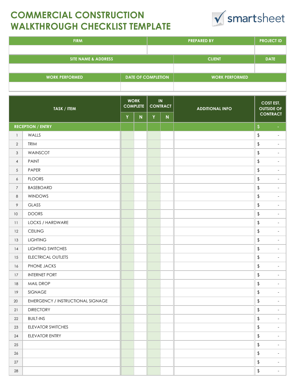 Commercial Construction Walkthrough Checklist Template - Smartsheet Image Preview