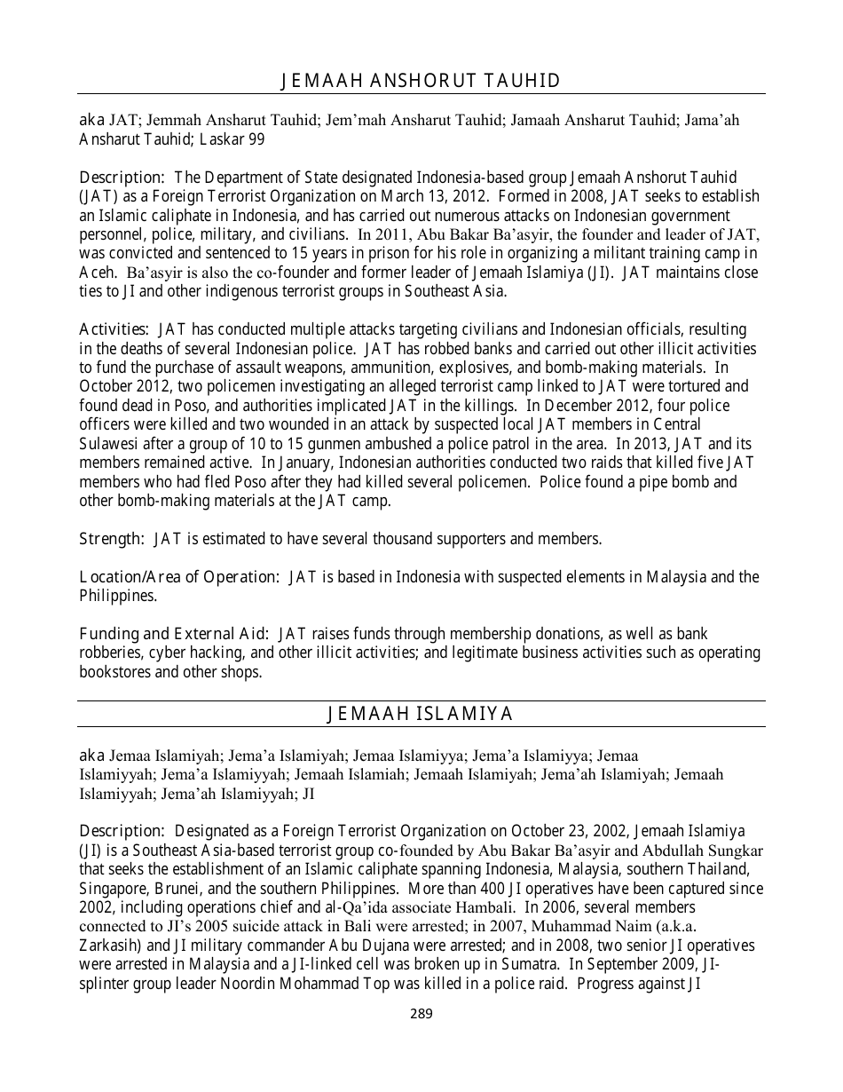 Country Reports on Terrorism, Page 289