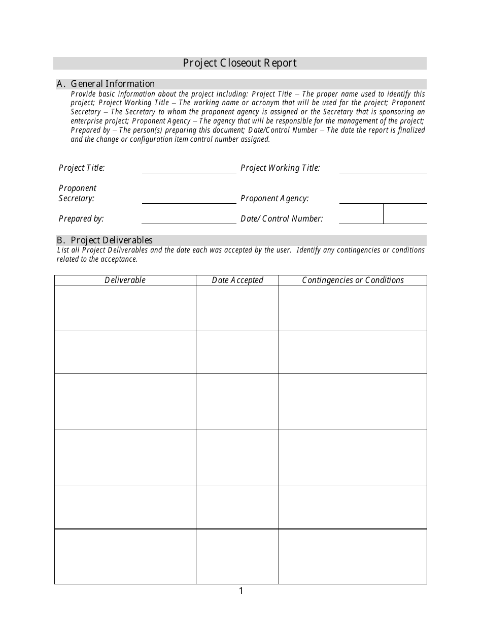 Project Closeout Report Template, Page 1