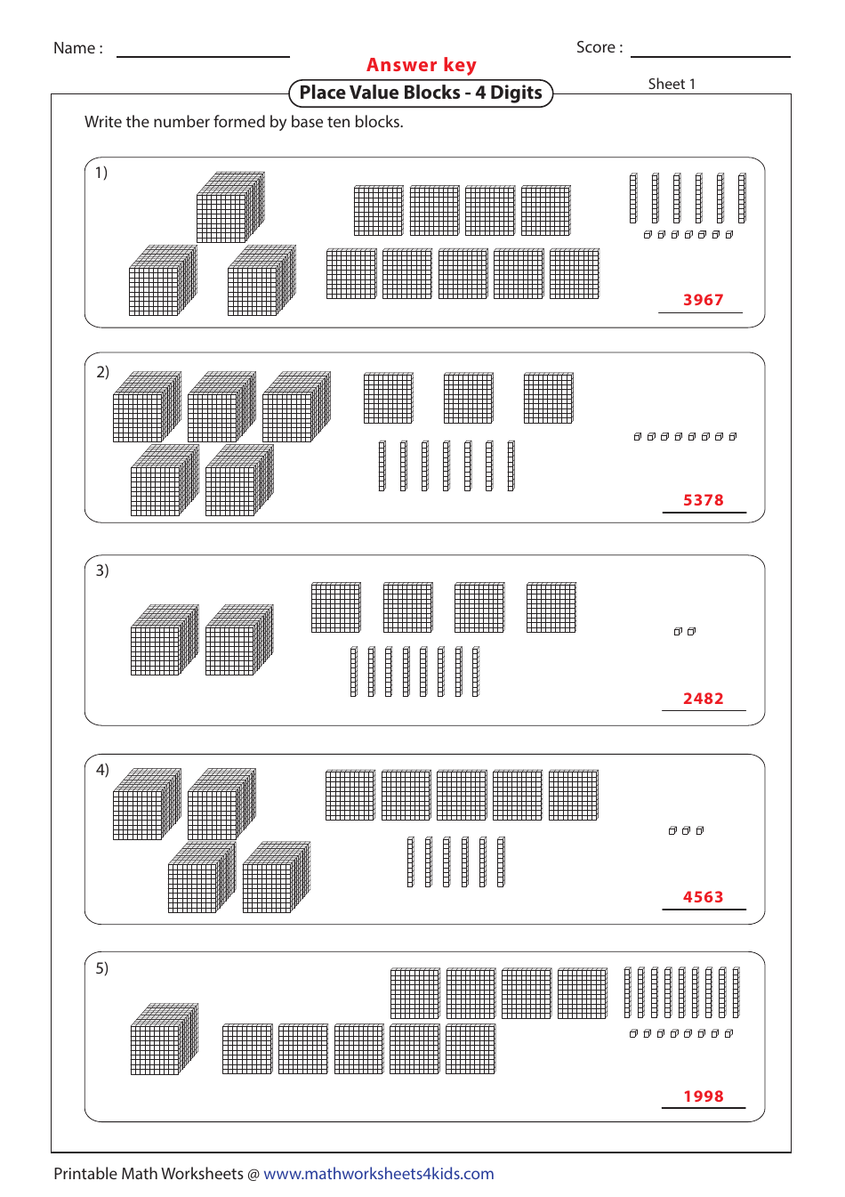 4-digits Place Value Block Worksheet With Answer Key, Page 2