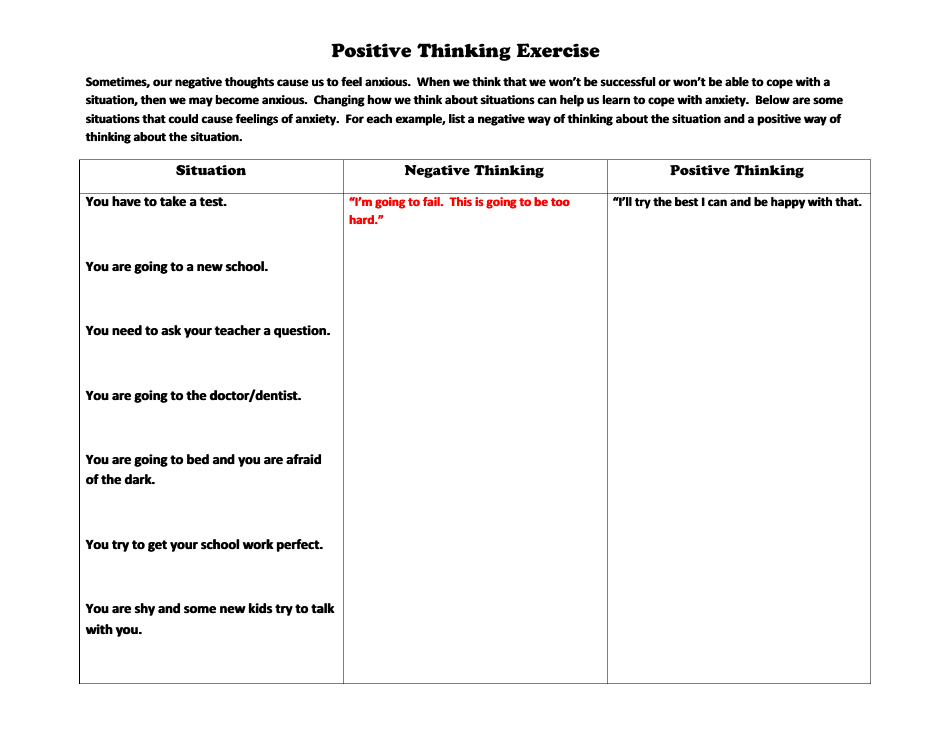 Positive Thinking Exercise Template - Encouraging positive mindset promotes personal development