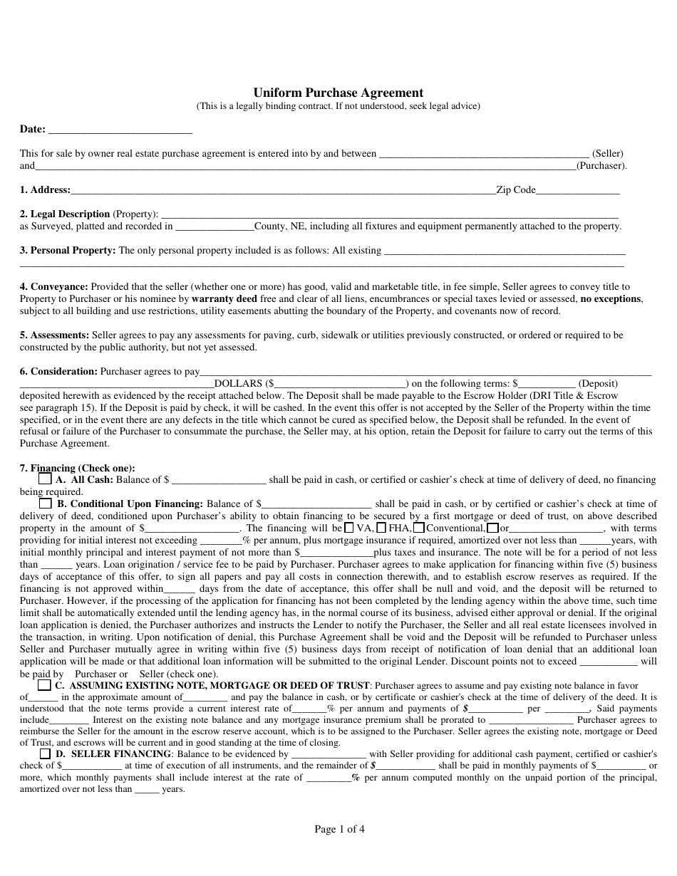 Uniform Purchase Agreement Template - Nebraska, Page 1