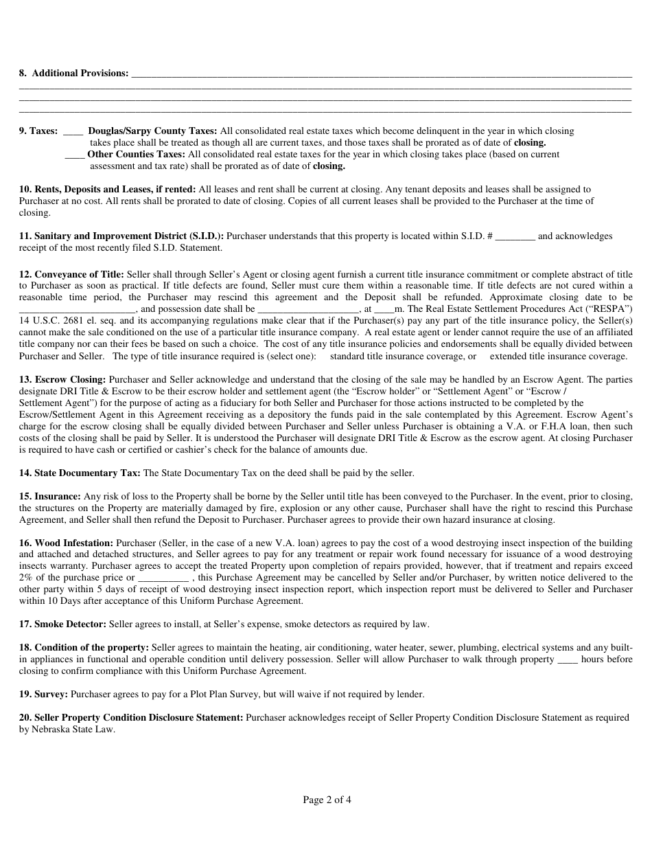 Uniform Purchase Agreement Template - Nebraska, Page 2