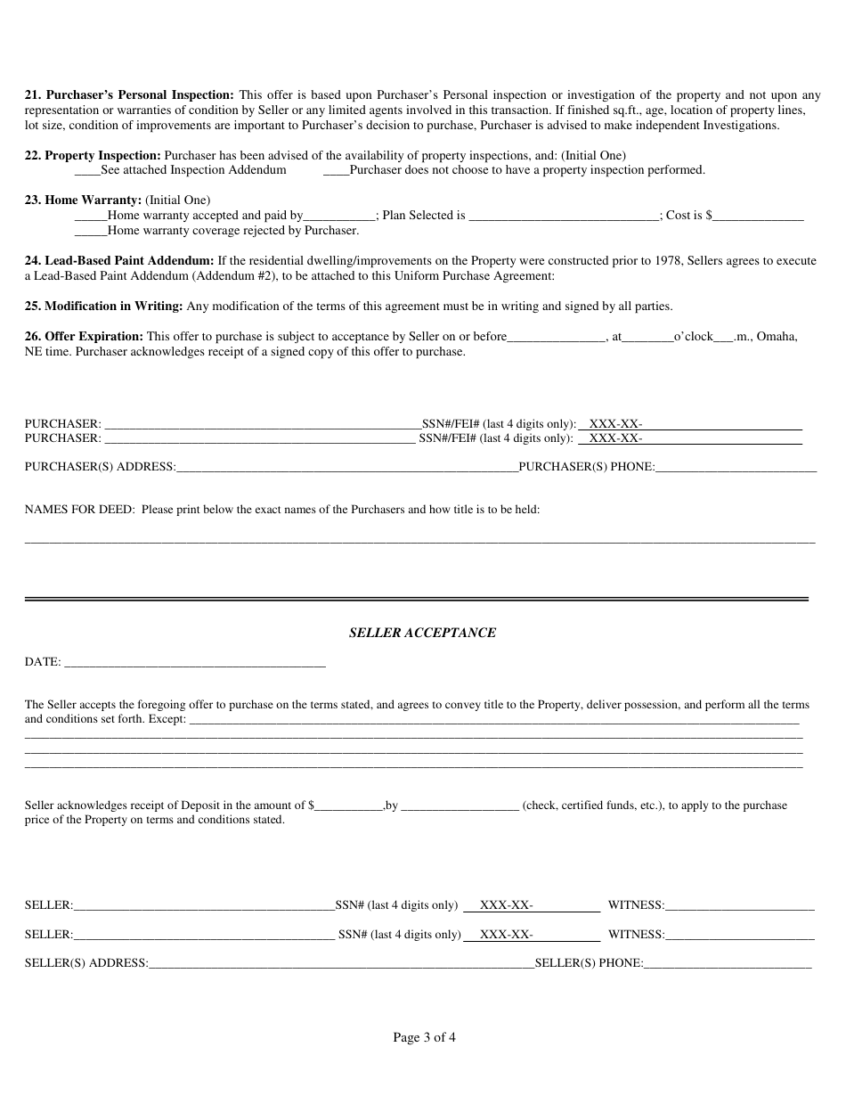 Uniform Purchase Agreement Template - Nebraska, Page 3