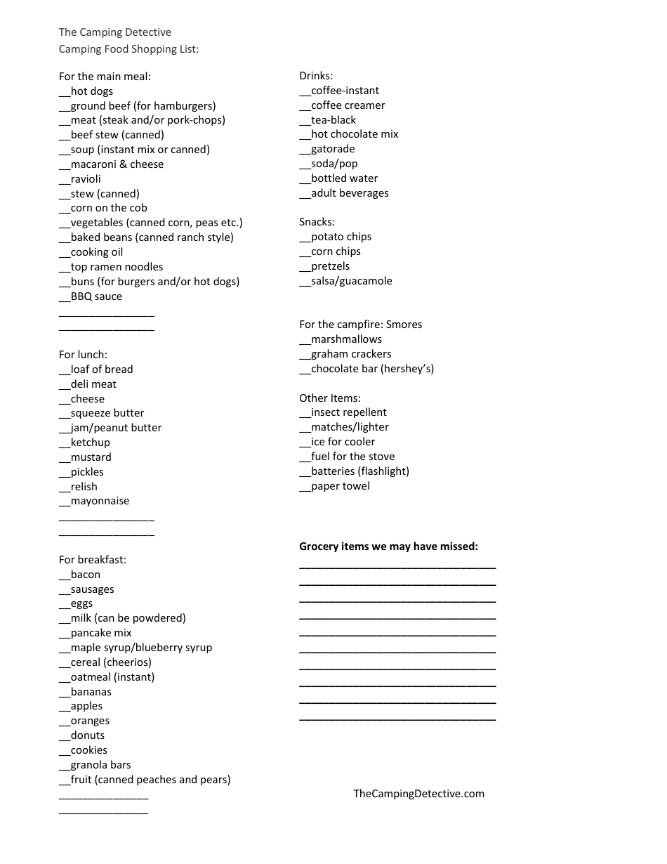 Camping Food Shopping List Template Download Printable PDF Templateroller