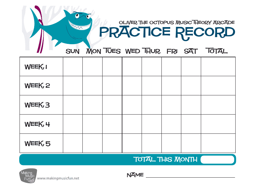 Oliver the Octopus 5-week Music Practice Chart Template - Shark