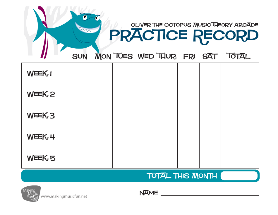 Oliver the Octopus 5-week Music Practice Chart Template