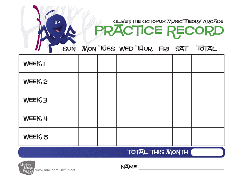 Oliver the Octopus 5-week Music Practice Chart Template - Octopus