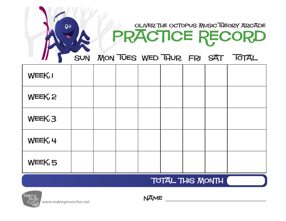 Oliver the Octopus 5-week Music Practice Chart Template - Octopus