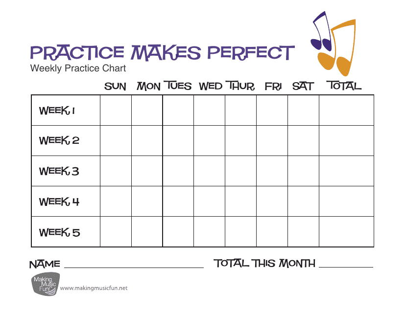Practice Makes Perfect Weekly Music Practice Chart Template - Violet and Orange