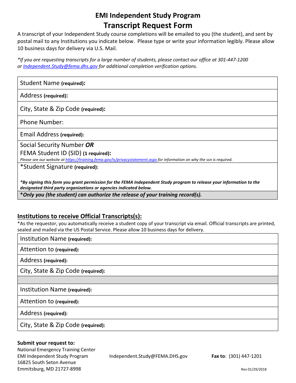 Transcript Request Form - Emi Independent Study Program, Page 1