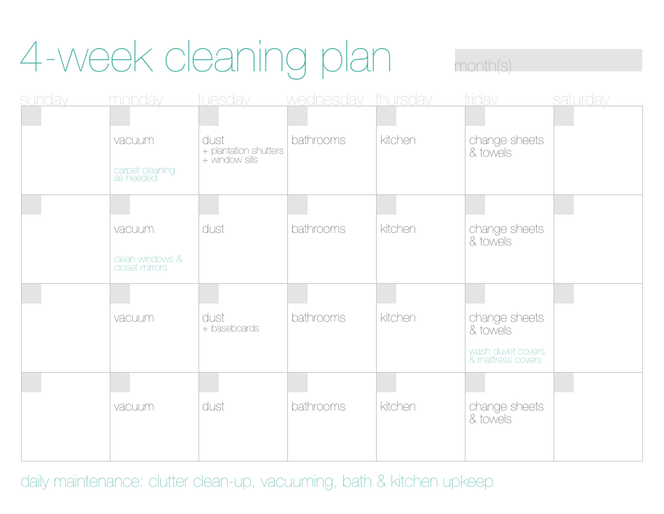 4-Week Cleaning Plan Template - Organize your cleaning routine with this comprehensive and easy-to-follow plan.