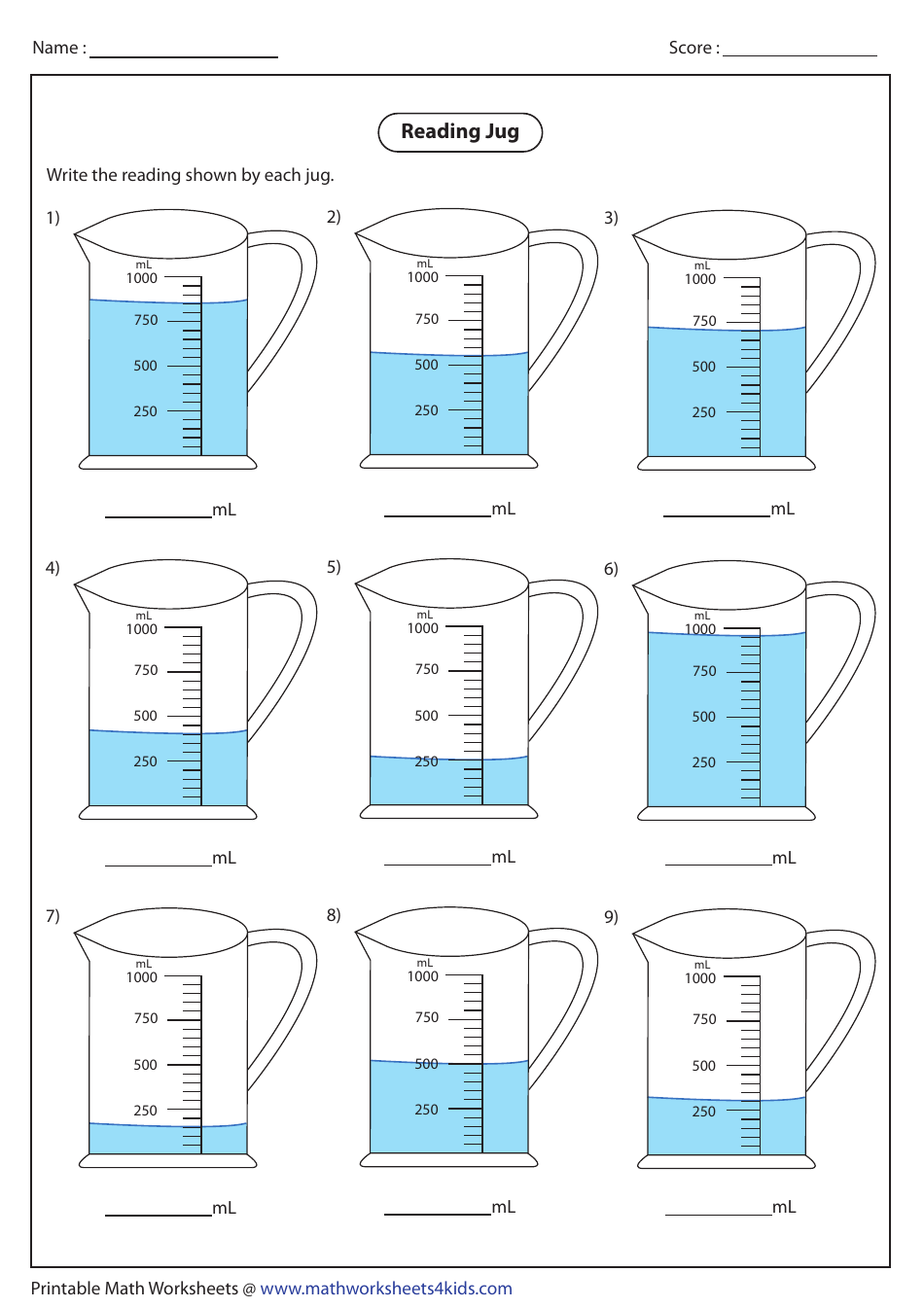 Preview of 'Reading Jug Worksheet' with Answer Key