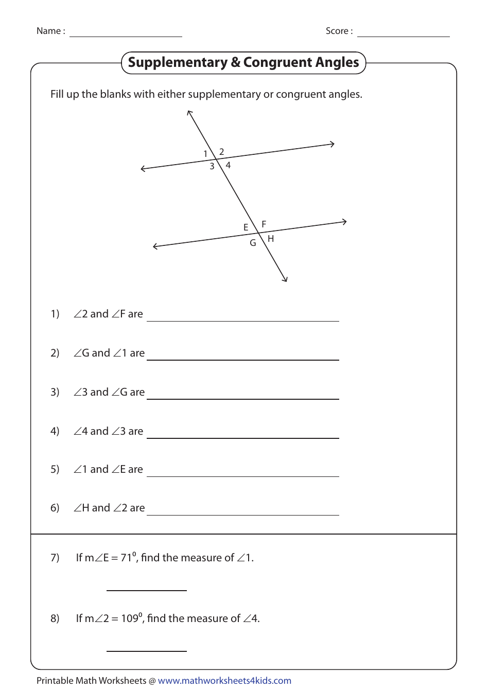 Worksheet with supplementary and congruent angles problems