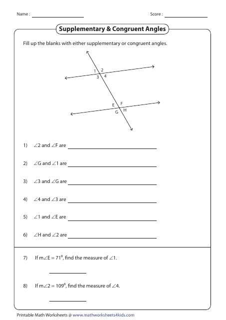 Supplementary & Congruent Angles Worksheet With Answer Key