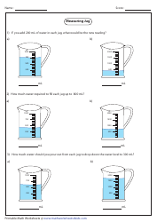 Measuring Jug Addition and Subtraction Worksheet With Answer Key
