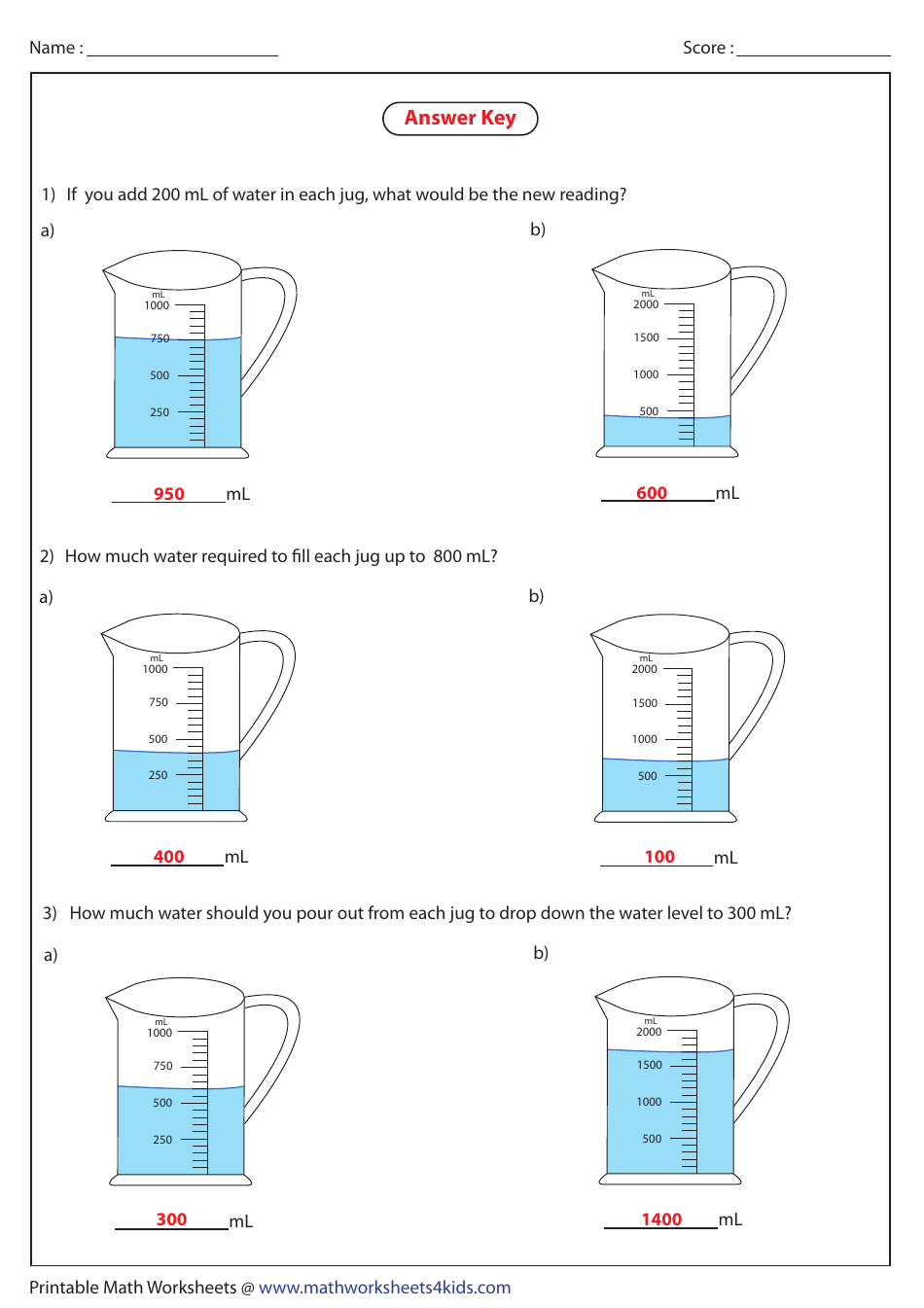 Measuring Jug Addition and Subtraction Worksheet With Answer Key, Page 2
