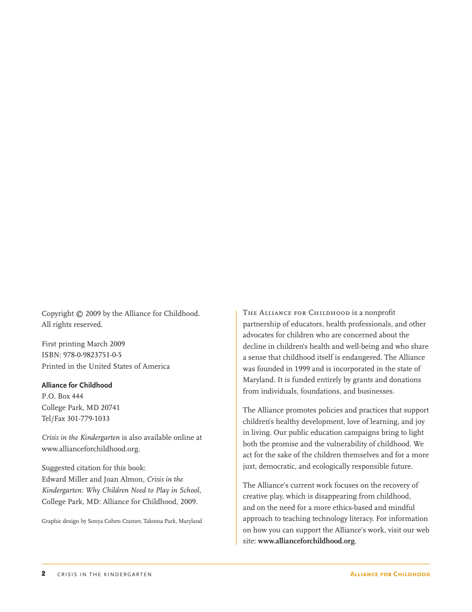 Crisis in the Kindergarten: Why Children Need to Play in School - Edward Miller, Joan Almon, Page 2