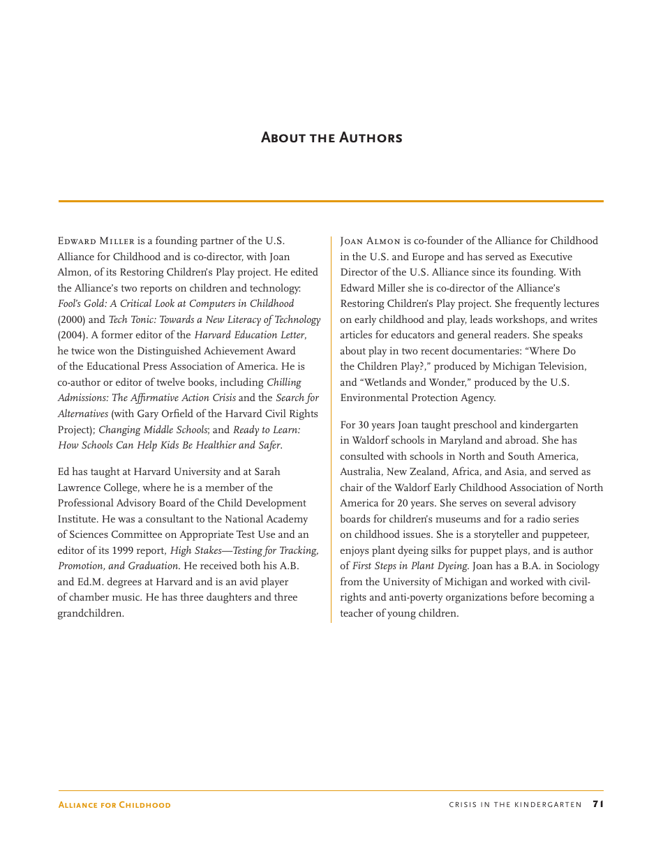 Crisis in the Kindergarten: Why Children Need to Play in School - Edward Miller, Joan Almon, Page 71
