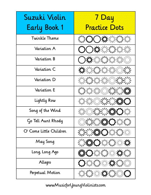 Suzuki Violin 7 Day Dots Practice Chart - Early Book 1