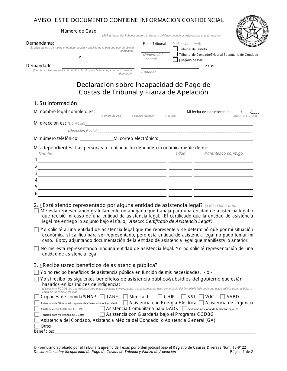 Declaracion Sobre Incapacidad De Pago De Costas De Tribunal Y Fianza De Apelacion - Texas (Spanish), Page 1