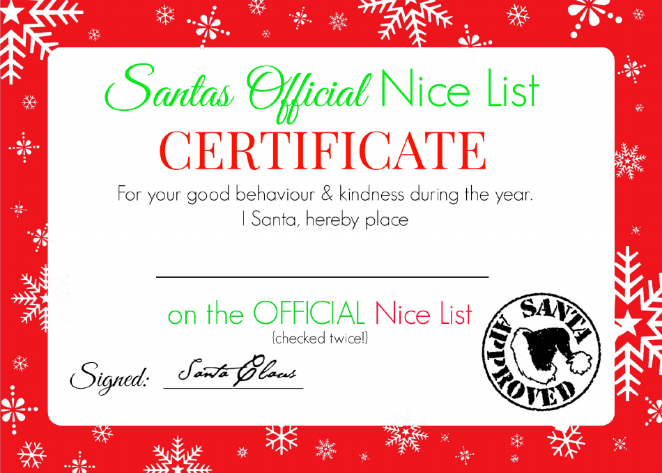 Santa's Official Nice List Certificate Template - Snowflakes