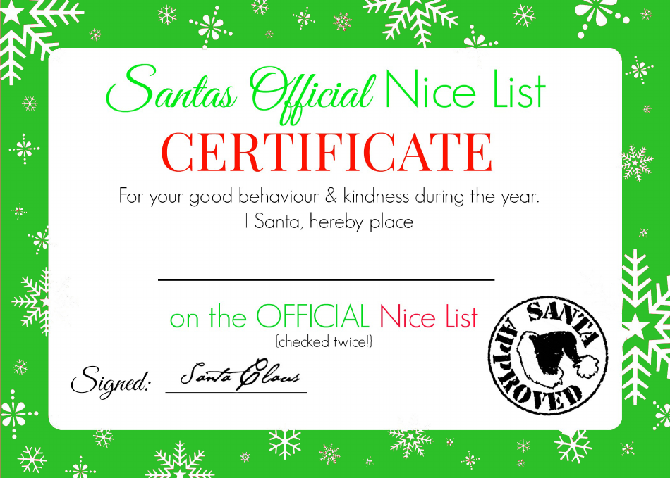Santa's Official Nice List Certificate Template - Green Download Printable PDF | Templateroller