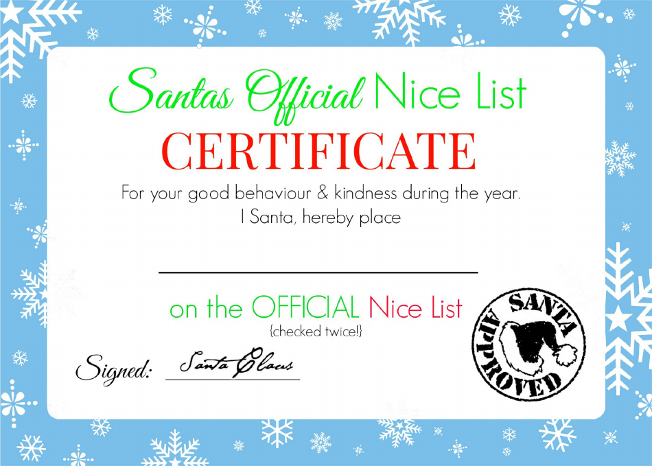 Santa's Official Nice List Certificate Template - Blue; relevance - A visually appealing and high-quality template with a blue theme, designed for creating Santa's official nice list certificates.