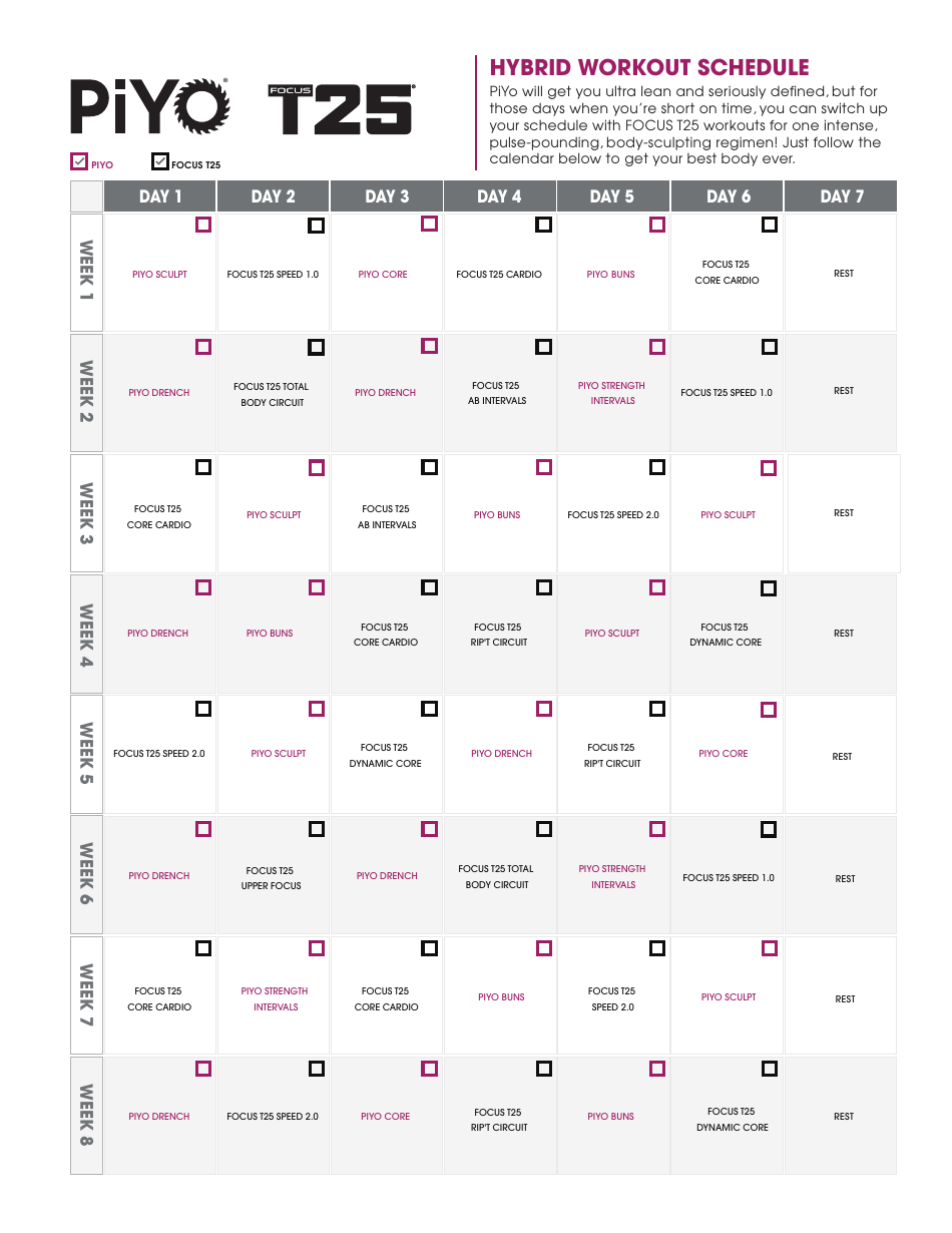 Piyo T-25 Hybrid Workout Schedule Template Preview